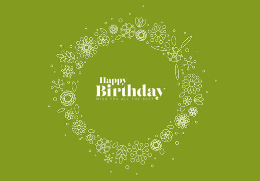 Happy Birthday Greeting Card with Floral Line Art Wreath on Green Background