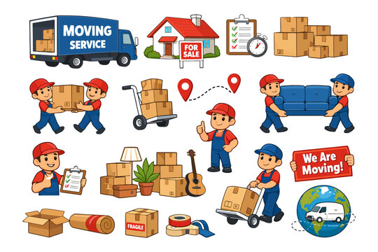 Cartoon moving service workers and supplies clipart.