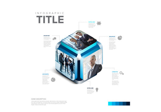 Isometric Blue 3D Cube Business Infographic Template with three photo placeholders
