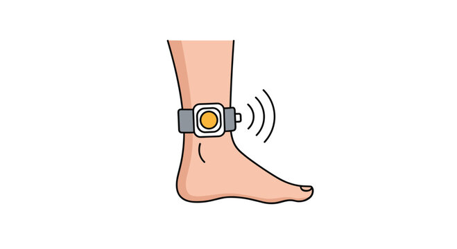 An illustration of an electronic monitoring tag or ankle bracelet worn for house arrest, probation, or parole, emitting a tracking signal.