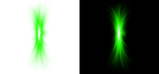 Abstract futuristic energy light beam with lens flare effect glowing green on transparent and black...