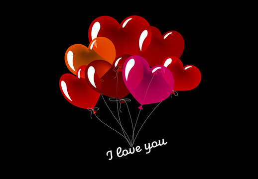 Heart-Shaped Balloons with I Love You Caption on Black Background as a Valentines Card