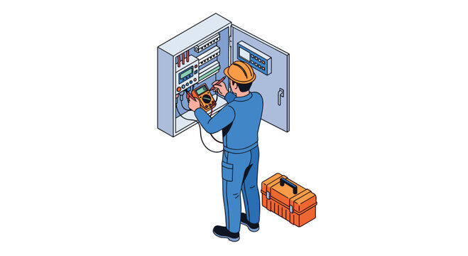 Isometric illustration of a professional electrician in a hard hat using a multimeter to test an open electrical circuit breaker panel.