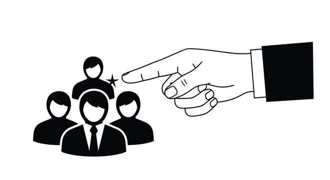 Black and white icon representing recruitment and hiring, with a large hand pointing to and choosing one candidate from a group of people.
