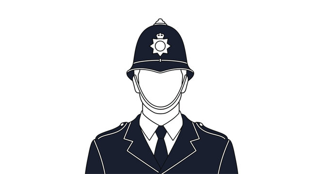 Simple black and white illustration of a British police officer in a traditional custodian helmet and uniform, without a face.