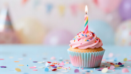 Colorful Birthday Cupcake with Candle and Confetti Background.