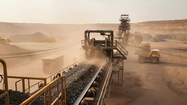 Medium shot of a conveyor belt transporting crushed ore through a dusty mining site showcasing the heavy machinery and the rugged industrial environment.