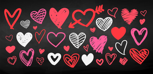 Vector illustration of hand drawn hearts on chalkboard. Colorful doodle collection of love symbols in line art style.
