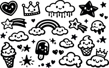 Fototapeta premium Whimsical kids doodle sheet of smiling clouds, crowns, stars and ice cream sticker icons in playful flat black line art