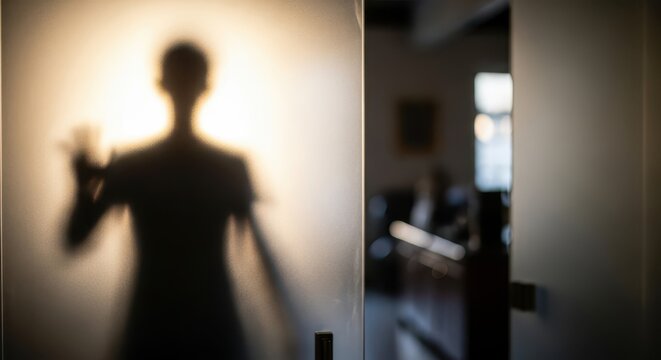 Figure silhouette visible through frosted glass partition inside an interior space