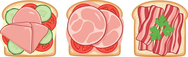 Vector illustration set featuring gourmet ham and bacon toasts with cucumber and tomato for healthy cafe menu designs