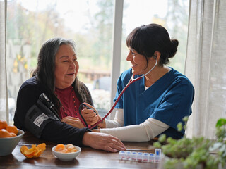 Native American elder has blood pressure taken by nurse after breakfast
