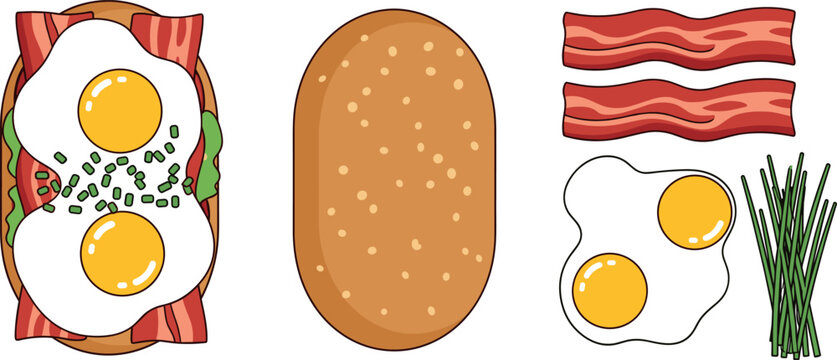 Vector illustration set featuring gourmet egg and bacon toast with isolated ingredients for custom cafe menu design