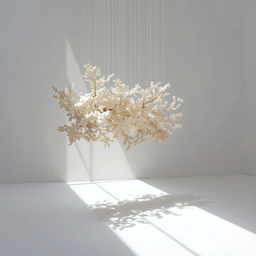 Minimalist Art Installation of a Delicate White Lichen and Moss Sculpture Suspended in a Bright Gallery (generative ai)