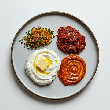 A ceramic plate presents delicious diverse dips like muhammara, herb buur, spiced tomato paste, and labneh with butter, showing rich textures and vibrant colors.