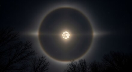 A breathtaking celestial spectacle of a solar eclipse viewed through a halo encircling the moon, set against a dark landscape with silhouetted trees