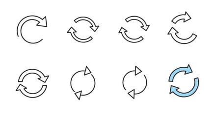 A collection of eight outline refresh and circular arrow icons, depicting concepts of reload, update, cycle, and repeat in various styles.