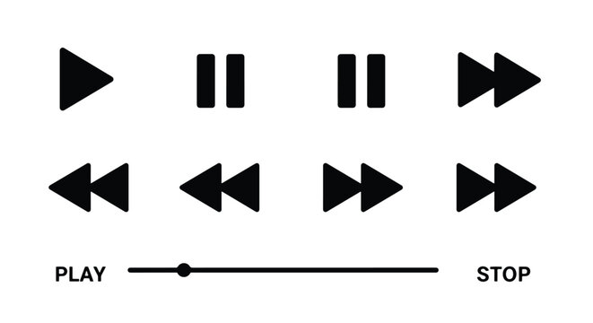 A set of black media player control icons including play, pause, fast forward, rewind, and a progress bar with play and stop labels.