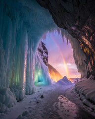 Obraz premium Frozen ice cave entrance with rainbow arching over snowy landscape at sunset full hd 4k stock image download