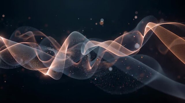 Flowing sheer mesh ribbon shifting across dark void, frames moving with orange edge glow and dots