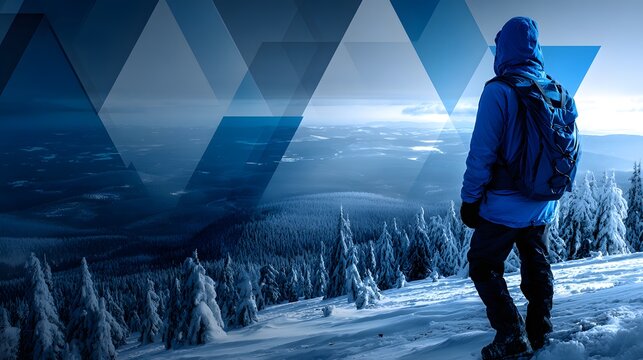 Einsamer Wanderer in winterlicher Berglandschaft mit geometrischem Overlay
