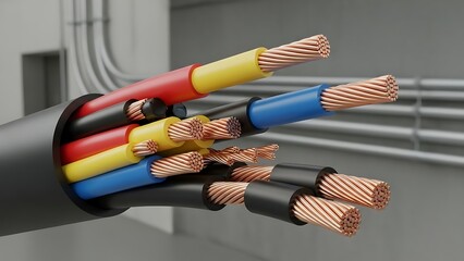 Colored Electrical Cables with Exposed Copper Wires.