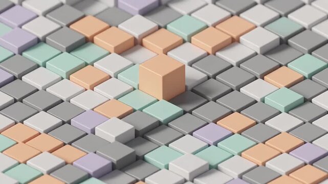 Geometric Grid Pattern with a Prominent Orange Cube Centrally Positioned