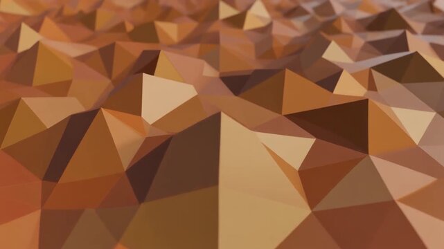 Abstract low-poly digital artwork featuring a textured surface composed of intricate geometric triangles and pyramids in rich brown and orange hues, creating a modern visual backdrop