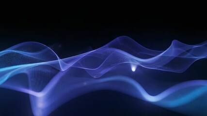 Frame sequence starting, translucent mesh ribbons flowing across black backdrop, glowing particles - Powered by Adobe