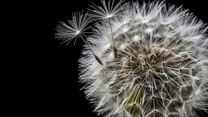 Dandelion Seeds Dispersing on Black Background.