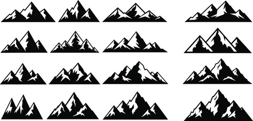 mountain, silhouette, peak, range, snow, nature, outdoor, adventure, hiking, travel, graphic, icon, vector, minimal, design, black, white, elevation, landscape, illustration
