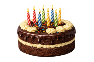 Chocolate birthday cake with lit candles, sprinkles, and frosting, awaiting a celebration on transparent background