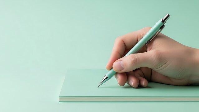 Hand Holding Teal Pen Writing on Teal Notebook Close-up
