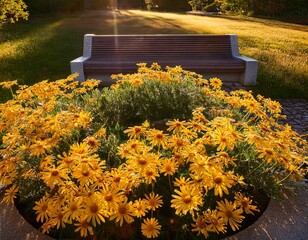 bright yellow daisies encircle a stone bench on a warm late summer afternoon