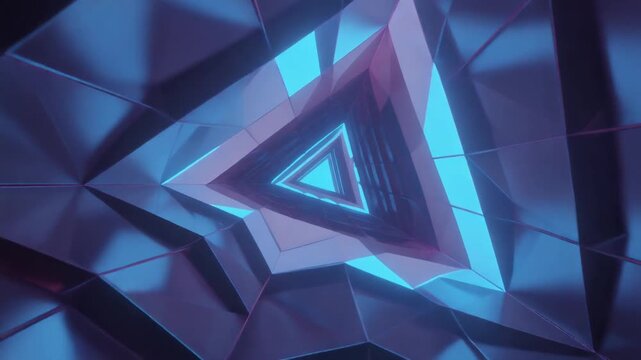 Geometric shapes forming a triangular tunnel with neon blue illumination in a futuristic environment from a low-angle viewpoint