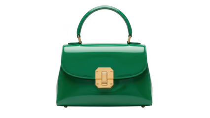 Green luxury handbag with gold clasp isolated on transparent background