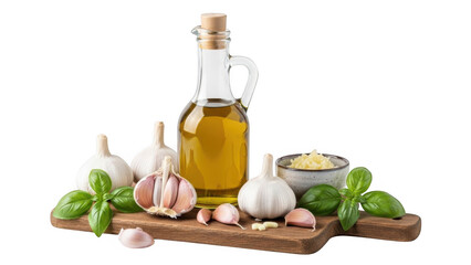 Olive oil and garlic on wooden board isolated on transparent background