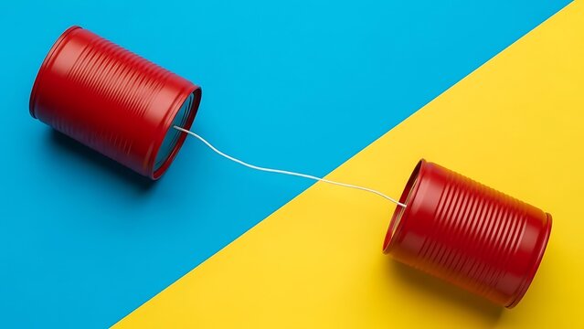 Red Tin Can Telephone on Blue and Yellow Background string telephone communication
