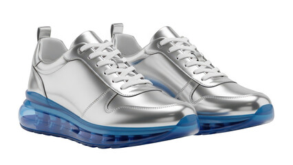 Silver sneakers with blue soles isolated on transparent background