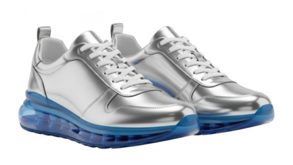 Silver sneakers with blue soles isolated on transparent background