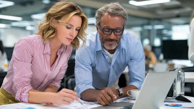 Collaborative Planning in Office: Two colleagues, a man and a woman, lean over a desk, focused on a laptop and documents, discussing work in a modern office environment.