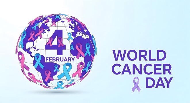 World cancer day 4 february with globe and awareness ribbons