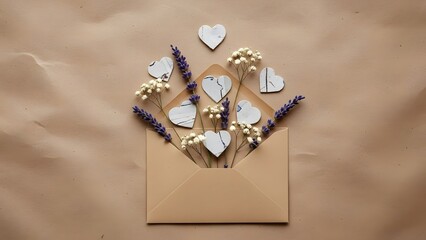 A beautiful flat lay of an open envelope filled with purple flowers and rustic hearts