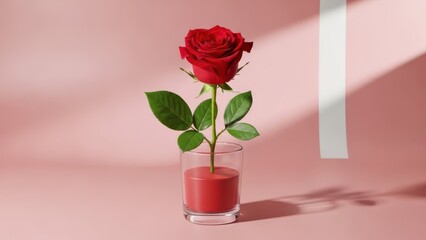Fototapeta premium A single red rose in a glass vase with pink liquid on a pink background