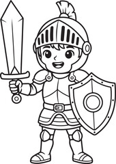 Cute cartoon knight with sword and shield ready for adventure coloring page