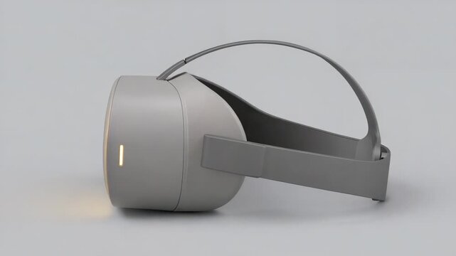 Rotating light-gray VR HMD revealing strap-side on gray surface for reveal as amber LED brightening