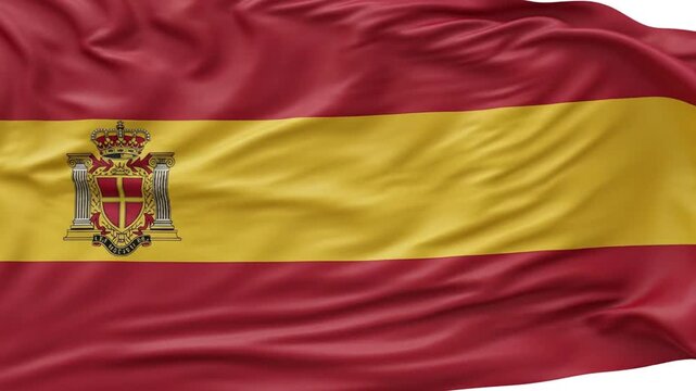 Waving Spanish Flag with Emblem, Realistic Fabric Motion, Red Yellow Stripes