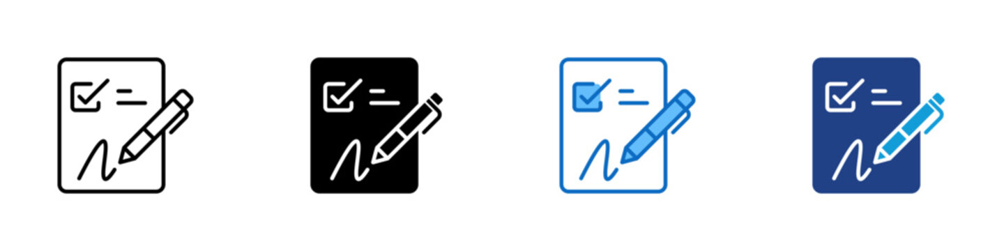 Signature Multiple Style Icon Design Vector - Document with checkmark and pen, representing signature approval, authorization, and verification