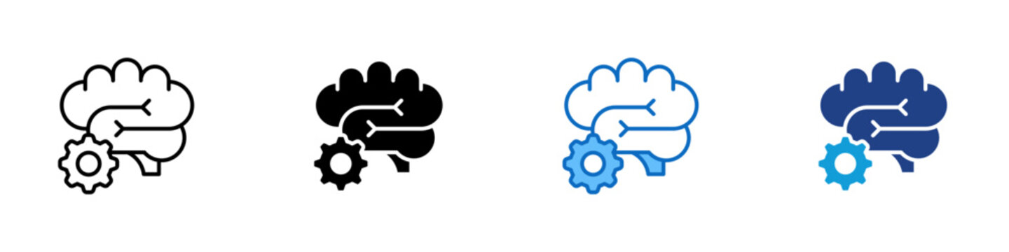 Thinking Management Multiple Style Icon Design Vector - Brain with gear element, representing thinking management, mental control, and cognitive organization