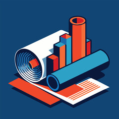 a stylized illustration depicting a blueprint graph bars and rolled paper showcasing data and technical design elements